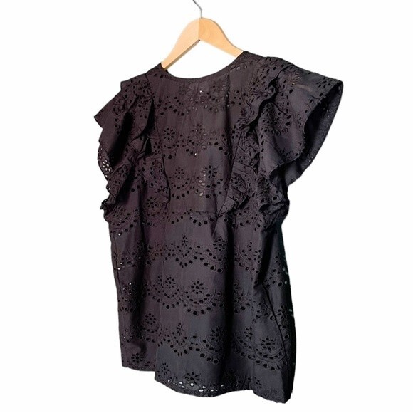 NWT Nicole Miller Top Black Cotton Eyelet Flutter Sleeve Blouse Size Small NEW - Picture 11 of 16